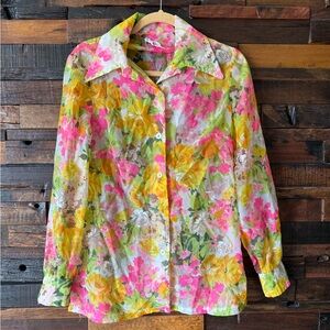 Vintage 60s 70s Sheer Floral Blouse | Boho Chiffon Pink Yellow | Mr. Stan